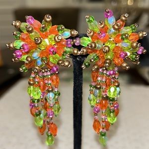 Stunning Vintage Citrus Colored Crystal Beaded Clip On Earrings-Boutique